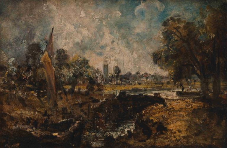 Dedham Lock,戴德姆船闸,John Constable,约翰-康斯特布尔,油画,油画, 风景, 树, 户外, 没有人类, 天空, 传统媒体, 云, 自然, 绘画（中）