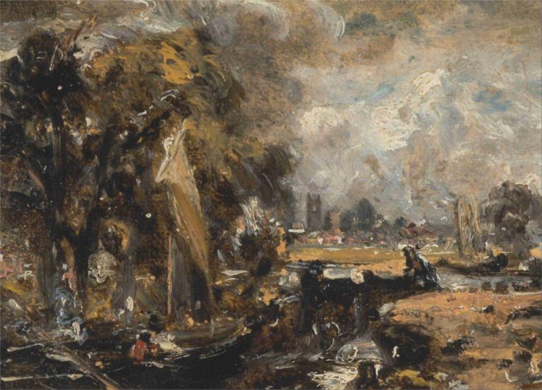 Dedham Lock,John Constable,Oliemaleri,Oliemaleri, træ, udendørs, traditionelle medier