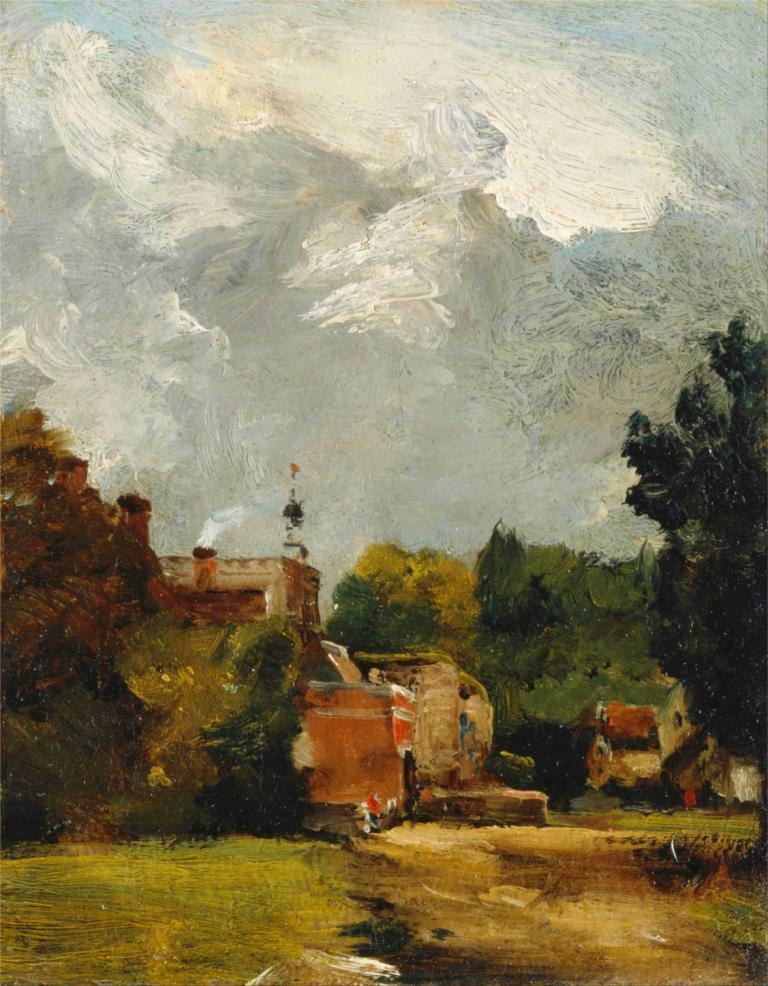 East Bergholt Church,이스트 버그홀트 교회,John Constable,존 컨스터블,오일 페인팅,오일 페인팅, 옥외, 나무, 경치, 산, 하늘, 구름, 자연, 낮, 여자 1명