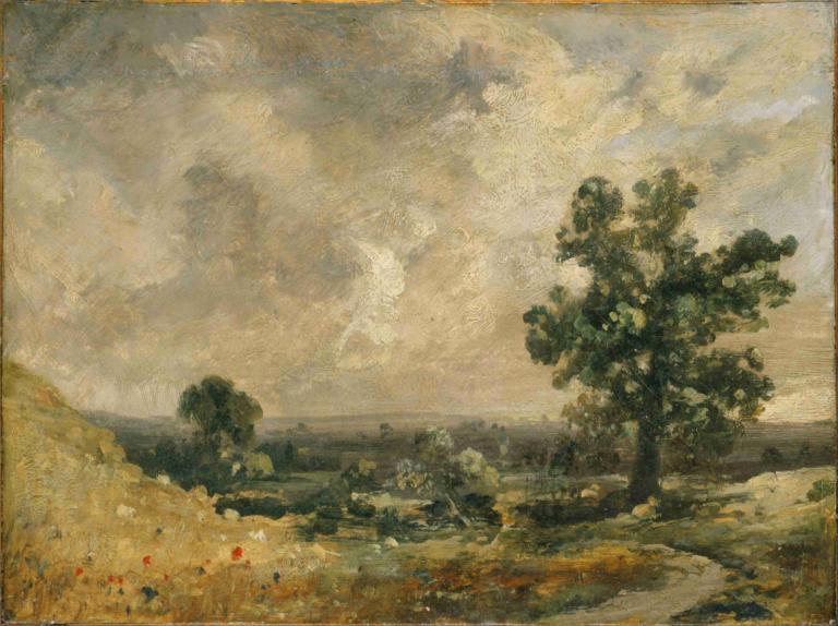 English Landscape,John Constable,Oil Painting,Oil Painting, tree, outdoors, no humans, scenery, cloud, border