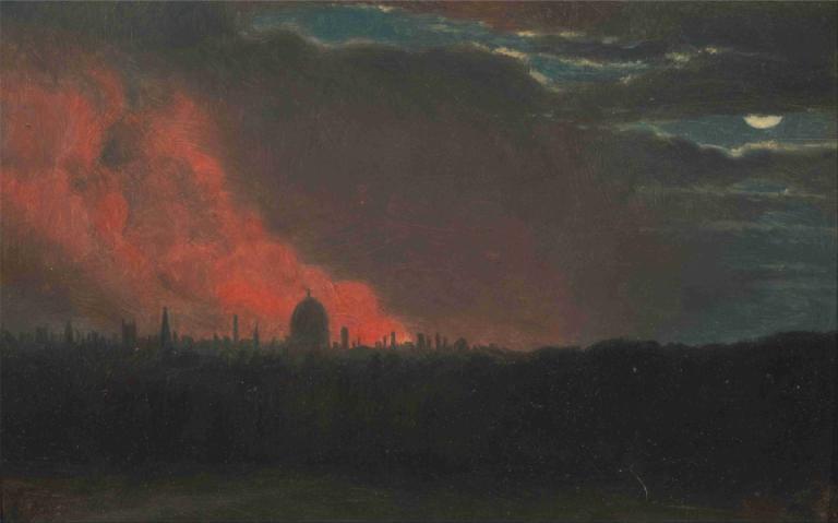 Fire in London, Seen from Hampstead,John Constable,Oil Painting,Oil Painting, moon, scenery, sky, cloud