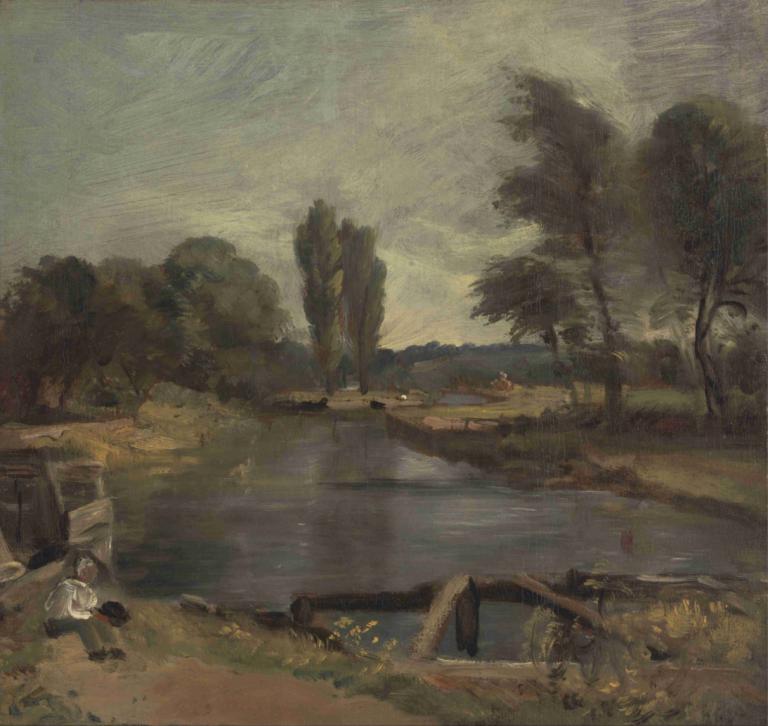 Flatford Lock,John Constable,Oil Painting,Oil Painting, tree, outdoors, solo, scenery, 1boy, river, grass