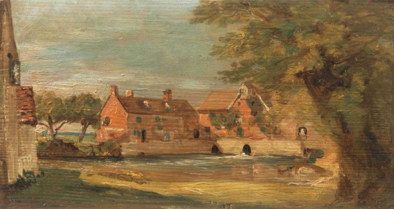 Flatford Mill,John Constable,Oil Painting,Oil Painting, tree, scenery, outdoors, house, water, 1girl, boat