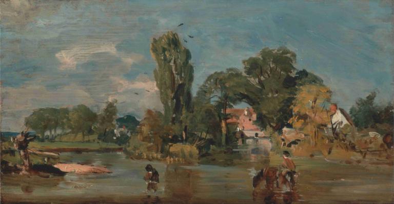 Flatford Mill,John Constable,Oil Painting,Oil Painting, tree, outdoors, scenery, sky, water, cloud