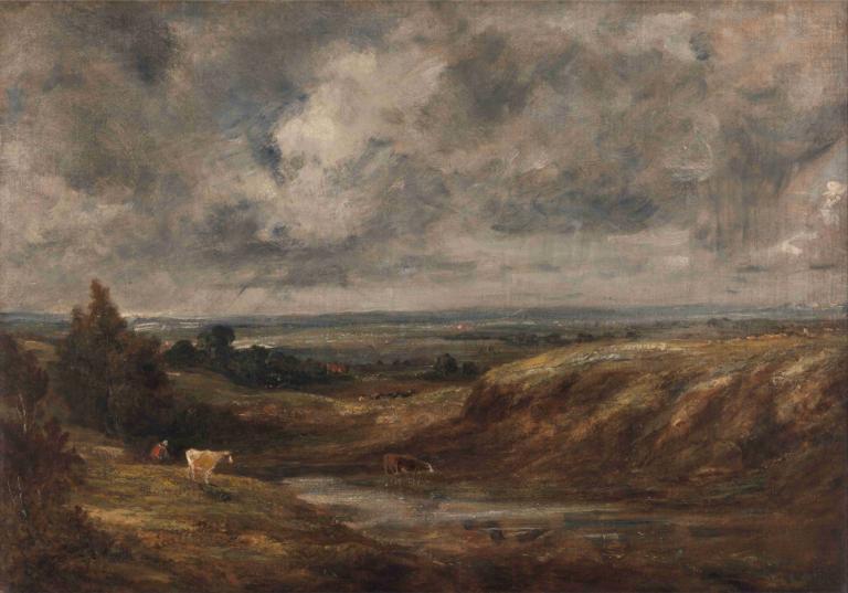 Hampstead Heath,John Constable,Oil Painting,Oil Painting, scenery, cloud, dog, outdoors, cloudy sky, sky