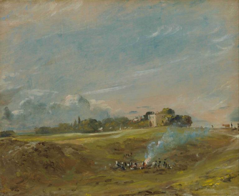 Hampstead Heath, with a Bonfire,汉普斯特德希斯，篝火晚会,John Constable,约翰-康斯特布尔,油画,油画, 风景, 户外, 云, 天空, 没有人类, 传统媒体, 景观, 草