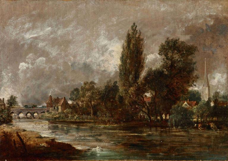 Harnham Bridge, Salisbury,John Constable,Öljymaalaus,Öljymaalaus, maisema, puu, ulkona, ei ihmisiä, pilvi