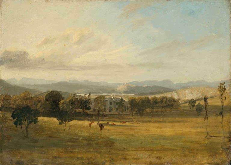 Sketch of Leighton Hall, Lancashire, the hills of the Lake District beyond,Luonnos Leighton Hallista