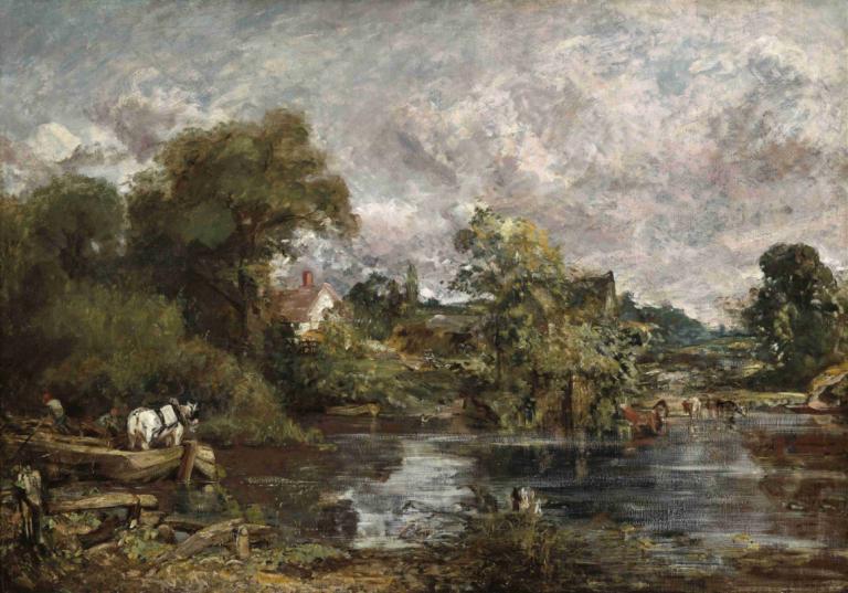 The White Horse,John Constable,Oil Painting,Oil Painting, scenery, tree, outdoors, cloud, nature, river, sky