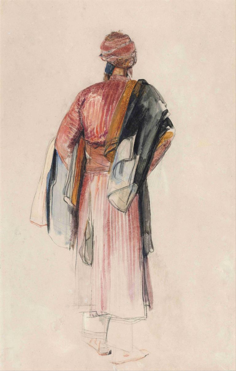 A Bedouin,貝都因人,John Frederick Lewis,約翰·弗雷德裡克·劉易斯,油畫,油畫, 獨奏, 1男孩, 傳統媒體, 男性焦點, 從後面, 長袖, 背對著, 繪畫（中）, 全身, 袖子超過手指