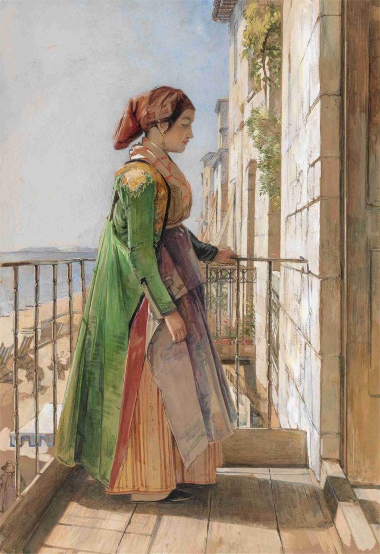 A Greek Girl Standing on a Balcony 1840,John Frederick Lewis,Oil Painting,Oil Painting, 1girl, railing