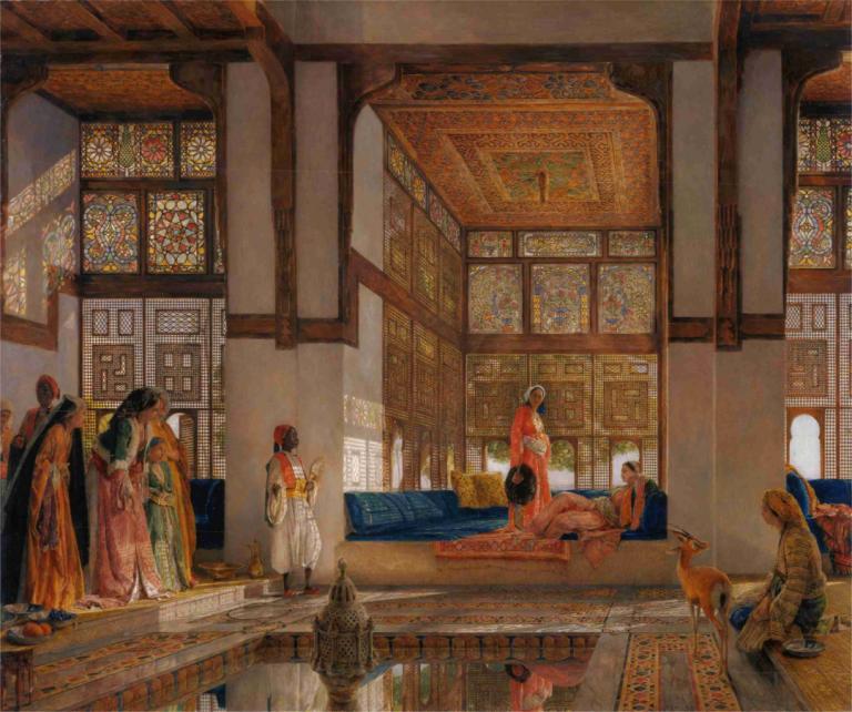 A Lady Receiving Visitors (The Reception),接待來訪者的女士(接待處),John Frederick Lewis,約翰·弗雷德裡克·劉易斯,油畫,油畫, 在室內, 多個女孩