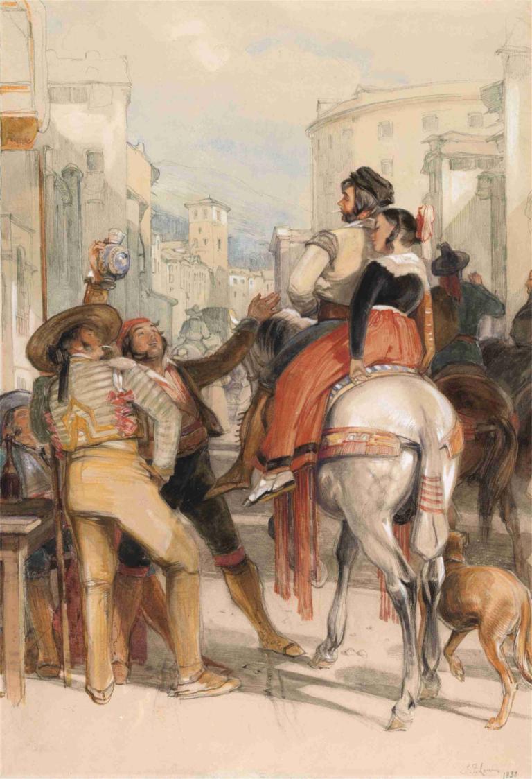 A Street Scene in Granada on the Day of the Bullfight,John Frederick Lewis,Oil Painting,Oil Painting, horse