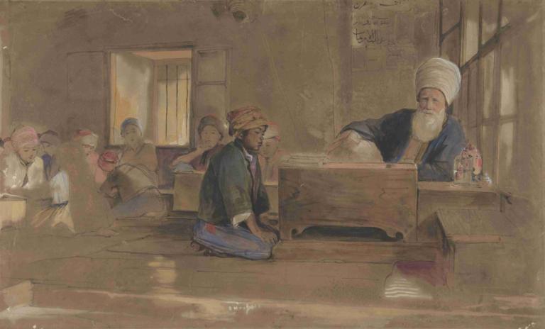 Arab School,아랍 학교,John Frederick Lewis,존 프레드릭 루이스,오일 페인팅,오일 페인팅, 여러 소년, 좌석, 실내, 오래된, 얼굴 털, 노인, 수염, 모자, 여러 여자