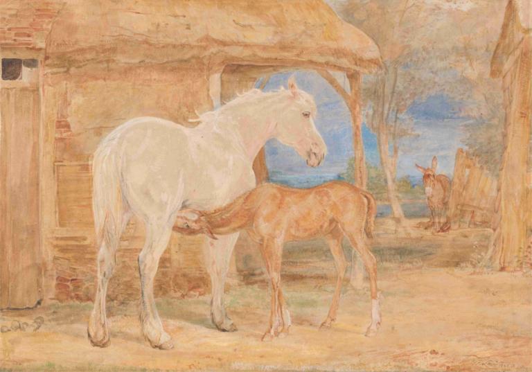 Gray Mare and a Chestnut Foal,회색 암말과 밤나무 망아지,John Frederick Lewis,존 프레드릭 루이스,오일 페인팅,오일 페인팅, 인간은 없어, 회화 (중), 말