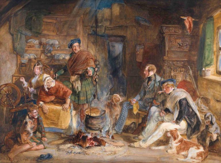 Highland Hospitality,John Frederick Lewis,Oil Painting,Oil Painting, multiple boys, multiple girls, dog