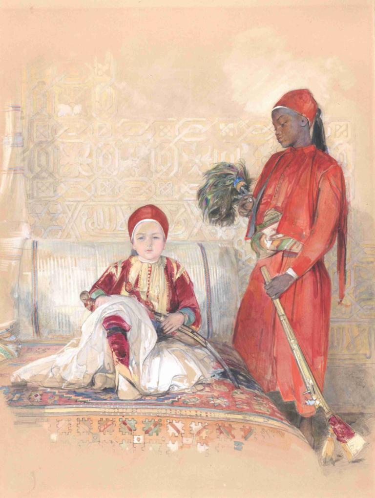 Iskander Bey and his Servant,John Frederick Lewis,Oil Painting,Oil Painting, dark skin, holding