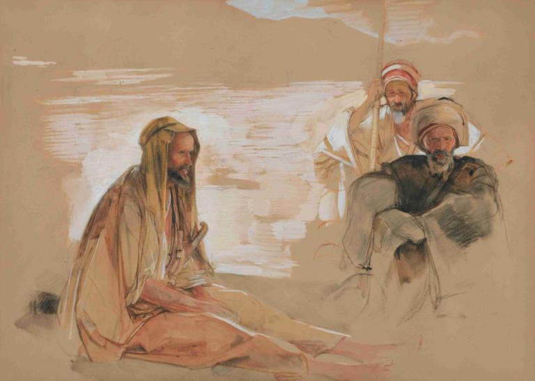 Study Of Three Arabs,세 명의 아랍인 연구,John Frederick Lewis,존 프레드릭 루이스,오일 페인팅,오일 페인팅, 여러 소년, 수염, 미술 패러디, 옷, 얼굴 털