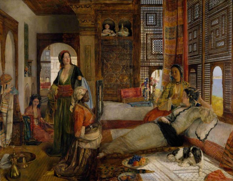 The Harem,John Frederick Lewis,Oil Painting,Oil Painting, multiple girls, multiple boys, black hair, indoors