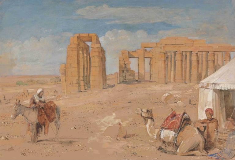 The Ramesseum at Thebes,John Frederick Lewis,Oil Painting,Oil Painting, outdoors, sky, desert, day, red hair