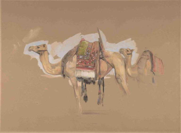 Two Camels,John Frederick Lewis,Oil Painting,Oil Painting, no humans, animal, food, riding