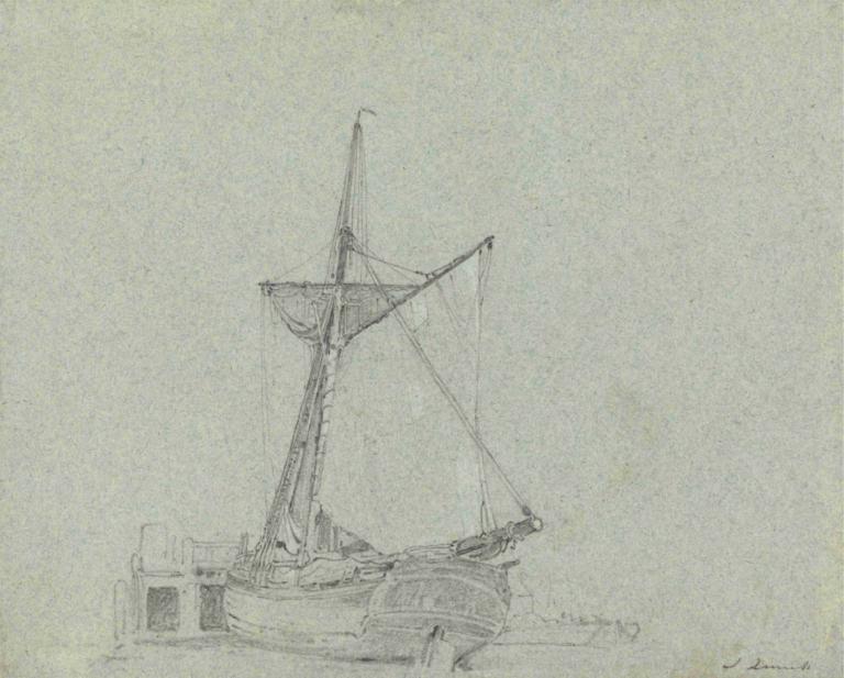 A Barge,John Linnell,Sketch,Sketch, watercraft, no humans, ship, monochrome, boat, traditional media, sketch