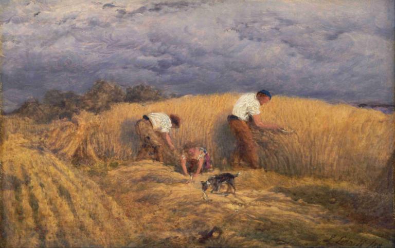 A Finished Study For 'reaping',John Linnell,Oil Painting,Oil Painting, outdoors, cloud, field, dog