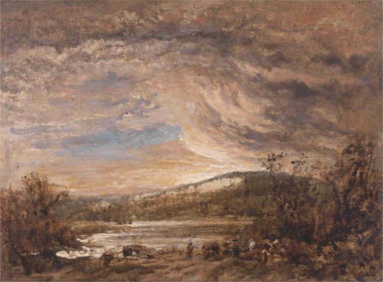 A River Landscape,John Linnell,Oil Painting,Oil Painting, scenery, no humans, cloud, outdoors, sky