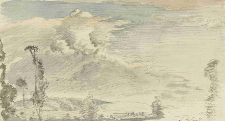 Cloudy sky over a hilly landscape,多云的天空，山峦起伏,John Linnell,约翰-林内尔,油画,油画, 树, 风景, 没有人类, 云, 天空, 户外, 传统媒体