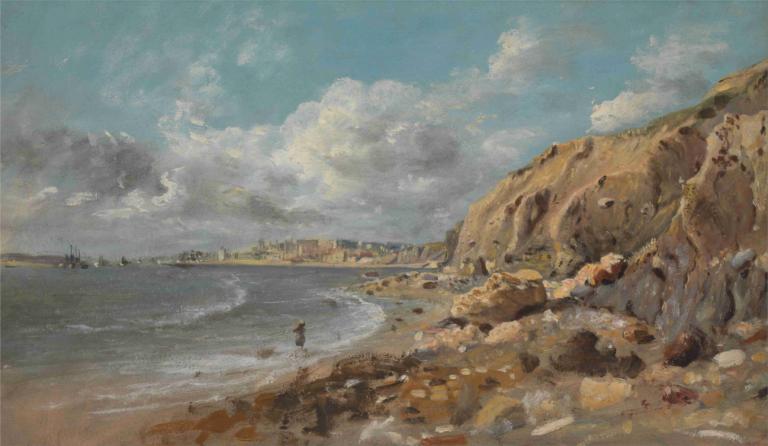 Coast Scene at Cullercoats near Whitley Bay,惠特利湾附近库勒科茨的海岸风光,John Linnell,约翰-林内尔,油画,油画, 户外, 风景, 云, 天空, 天, 海洋