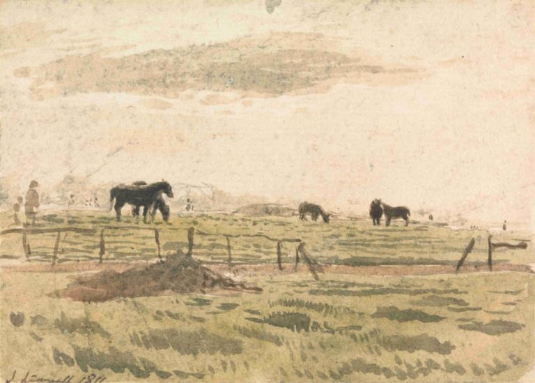 Horses in a Paddock,Pferde im Paddock,John Linnell,Ölgemälde,Ölgemälde, draußen, Gras, Himmel, Landschaft