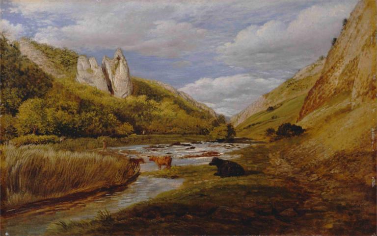 In Dovedale,John Linnell,Ölgemälde,Ölgemälde, Landschaft, draußen, keine Menschen, Himmel, Wolke, Tag, Baum