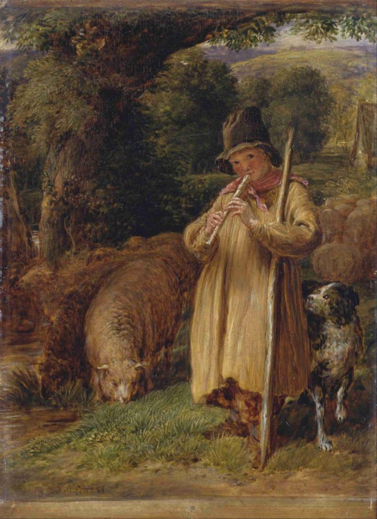 Shepherd Boy Playing A Flute,Мальчик-пастух, играющий на флейте,John Linnell,Джон Линнелл,Картина Маслом