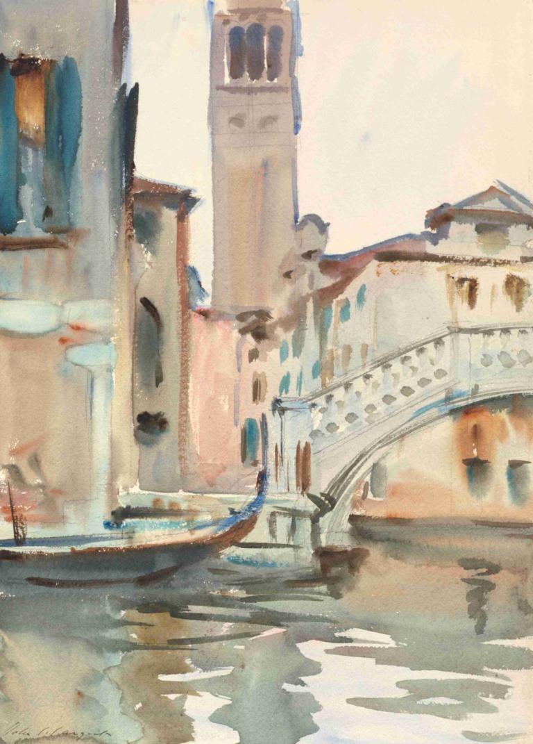 A Bridge and Campanile, Venice,John Singer Sargent,Oil Painting,Oil Painting, no humans, scenery, water