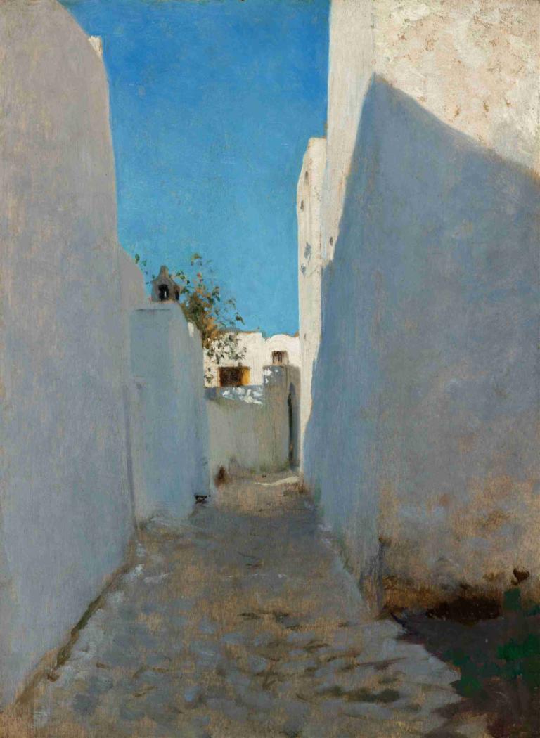 A Moroccan Street Scene,John Singer Sargent,Oil Painting,Oil Painting, no humans, outdoors, sky, scenery