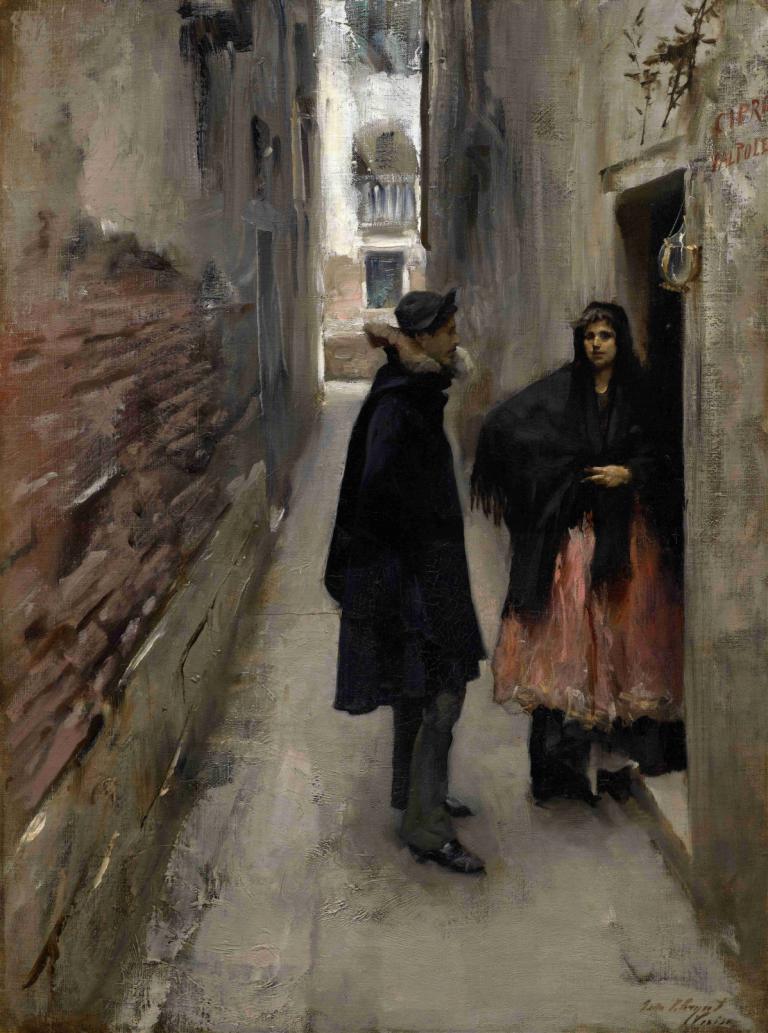 A Street In Venice,En gate i Venezia,John Singer Sargent,Oljemaleri,Oljemaleri, hatt, kappe, flere gutter