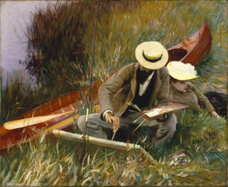 An Out of Doors Study,John Singer Sargent,Oil Painting,Oil Painting, hat, 1boy, grass, male focus