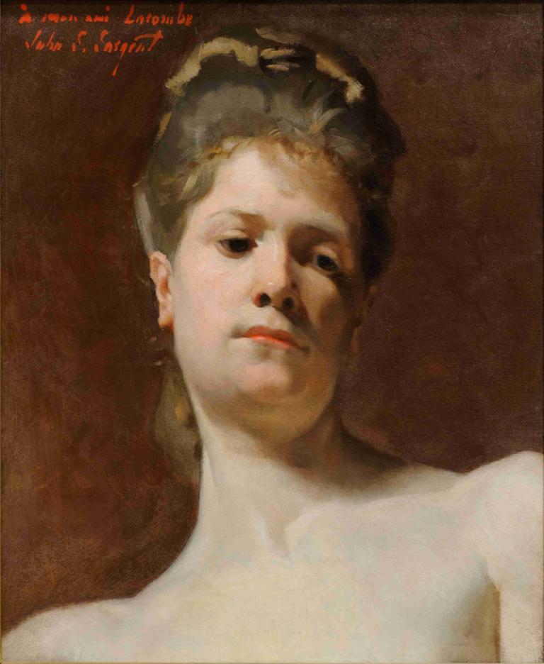 BLONDE MODEL,BLOND MODELL,John Singer Sargent,Oljemaleri,Oljemaleri, solo, 1 jente, realistisk, brun bakgrunn