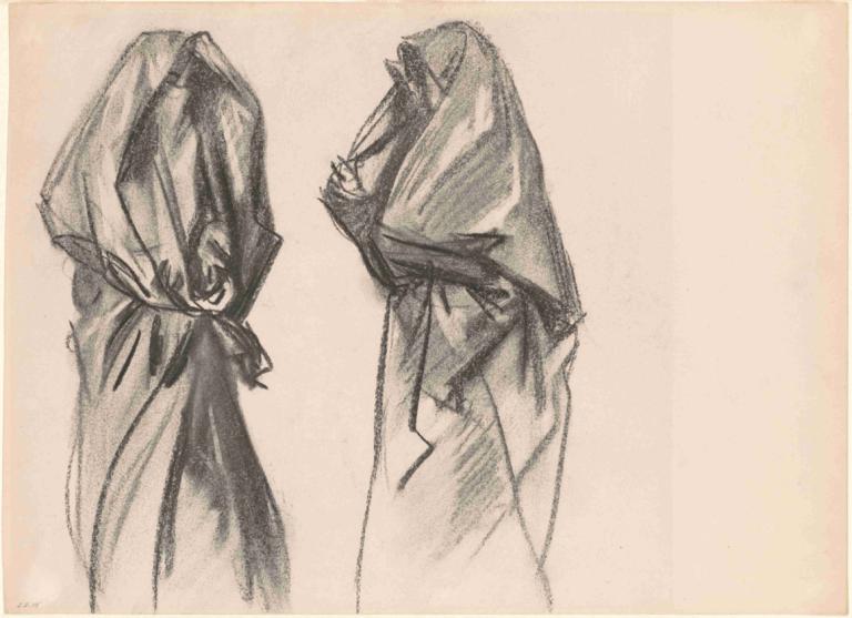 Bedouin Women,ベドウィン女性,John Singer Sargent,ジョン・シンガー・サージェント,スケッチ,スケッチ, モノクロ, ローブ, マント, 従来のメディア, フード, フード付きマント