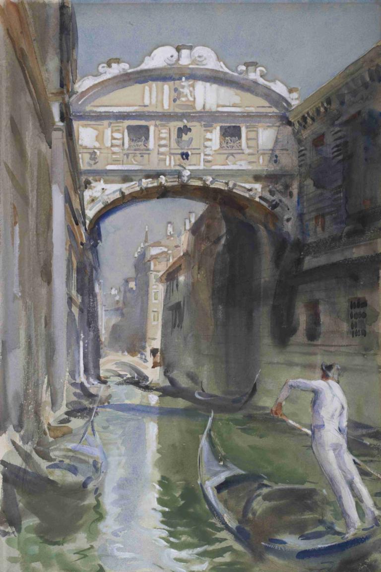 Bridge of Sighs,叹息桥,John Singer Sargent,约翰-辛格-萨金特,油画,油画, 水, 船, 船只, 1男孩, 男性焦点, 户外, 建筑, 白色裤子, 黑发, 独奏, 传统媒体, 天空