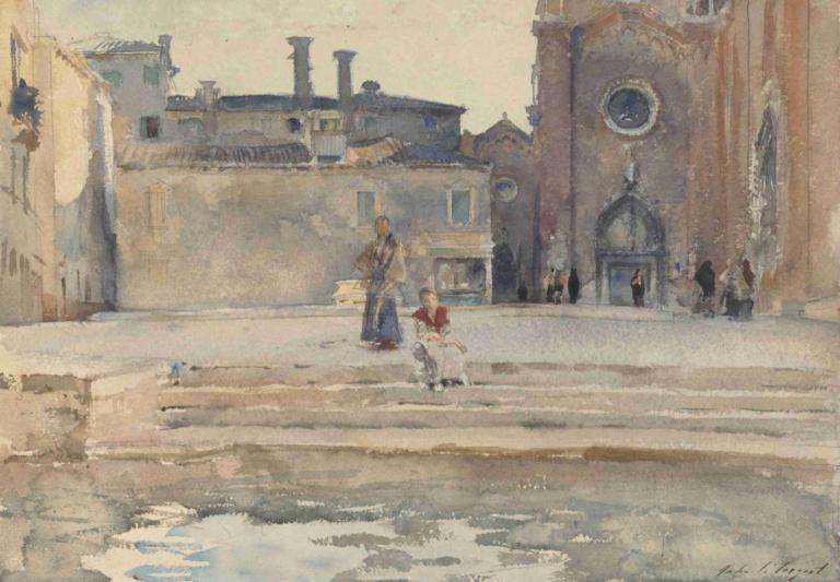 Campo dei Frari, Venice,威尼斯坎波德弗拉里,John Singer Sargent,约翰-辛格-萨金特,油画,油画, 户外, 1个女孩, 传统媒体, 风景, 多个男孩, 建筑, 绘画（中）