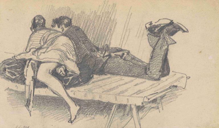 Couple on a Cot,Couple sur un lit de camp,John Singer Sargent,Croquis,Croquis, monochrome