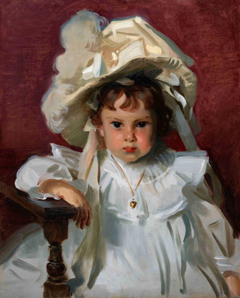 Dorothy,多萝西,John Singer Sargent,约翰-辛格-萨金特,油画,油画, 1个女孩, 珠宝, 独奏, 棕色的头发, 项链, 裙子, 看着观众, 白色礼服, 帽子, 红色背景, 长袖, 短发