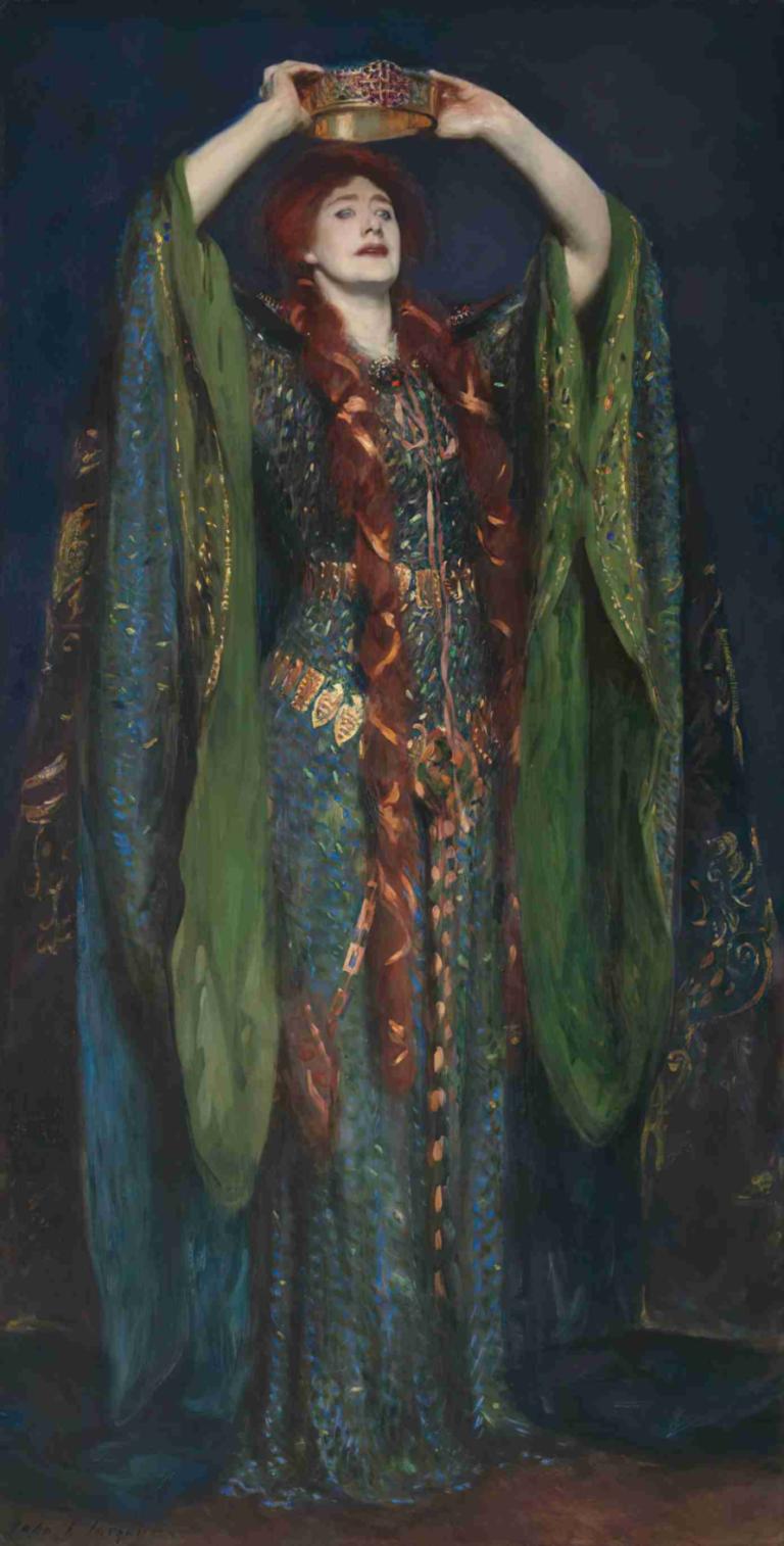 Ellen Terry as Lady Macbeth,John Singer Sargent,Oil Painting,Oil Painting, 1girl, solo, red hair, dress