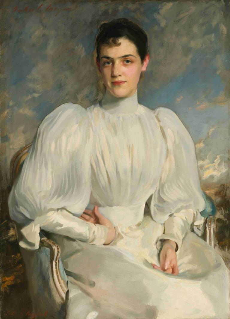 Elsie Wagg,엘시 와그,John Singer Sargent,존 싱어 사르겐트,오일 페인팅,오일 페인팅, 미술 패러디, 독주, 여자 1명, 흑발, 현실적인, 드레스, 의자, 좌석