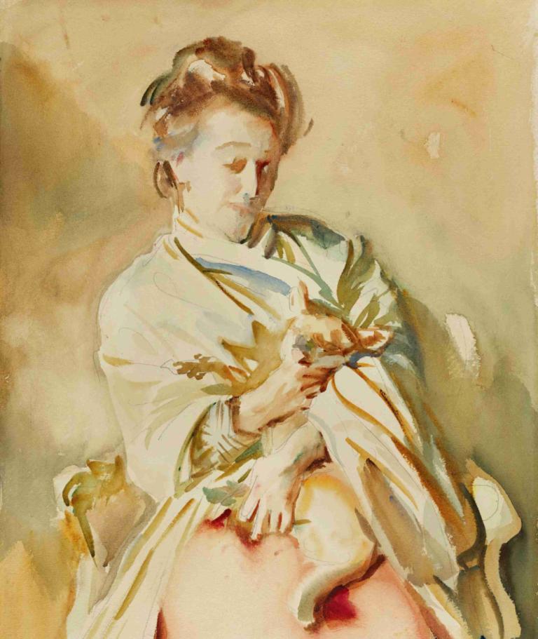 Flora Priestley,弗洛拉-普利斯特里,John Singer Sargent,约翰-辛格-萨金特,油画,油画, 1个女孩, 独奏, 棕色的头发, 日本衣服, 美术模仿, 和服, 动物, 闭着眼睛, 猫