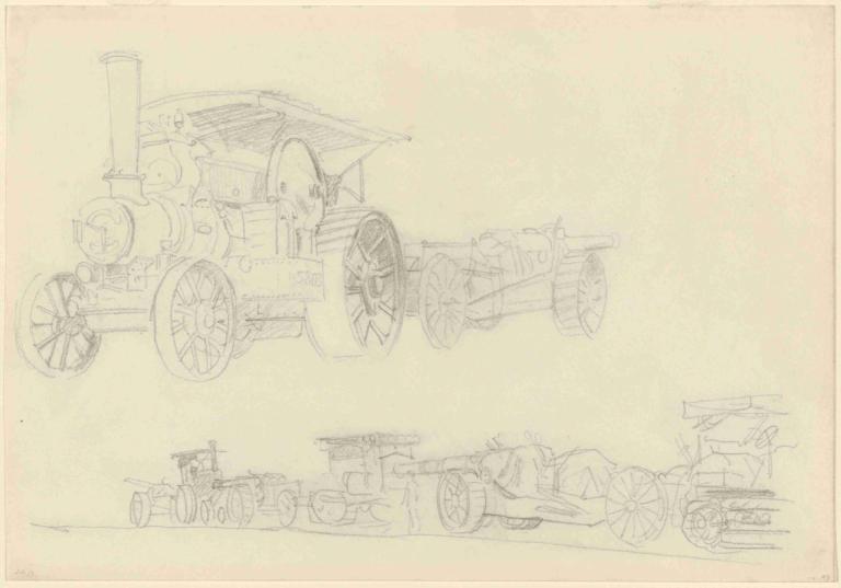 Gun Carriages, France,法国炮车,John Singer Sargent,约翰-辛格-萨金特,素描,素描, 地面车辆, 车辆焦点, 摩托车, 单色, 没有人类, 草图, 传统媒体, 车轮, 车