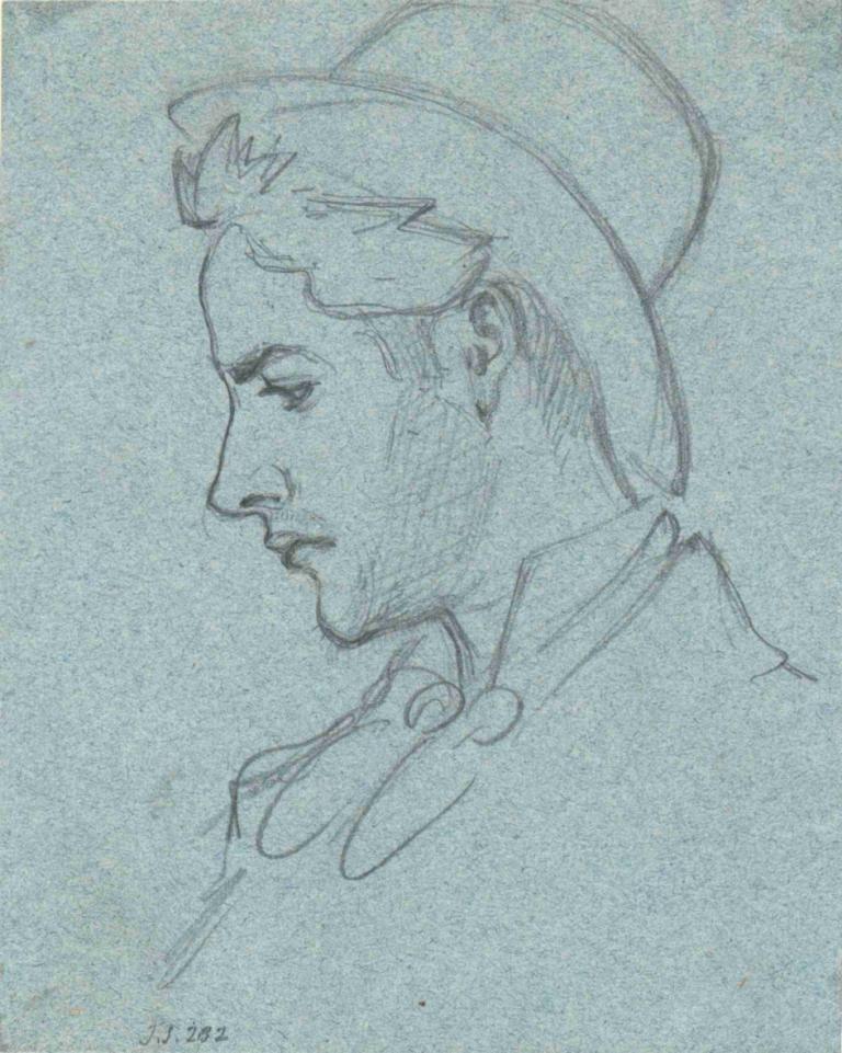 Head of a Young Man,年轻人的头像,John Singer Sargent,约翰-辛格-萨金特,素描,素描, 1男孩, 男性焦点, 独奏, 帽子, 传统媒体, 单色, 过时的, 草图, 胡子, 轮廓