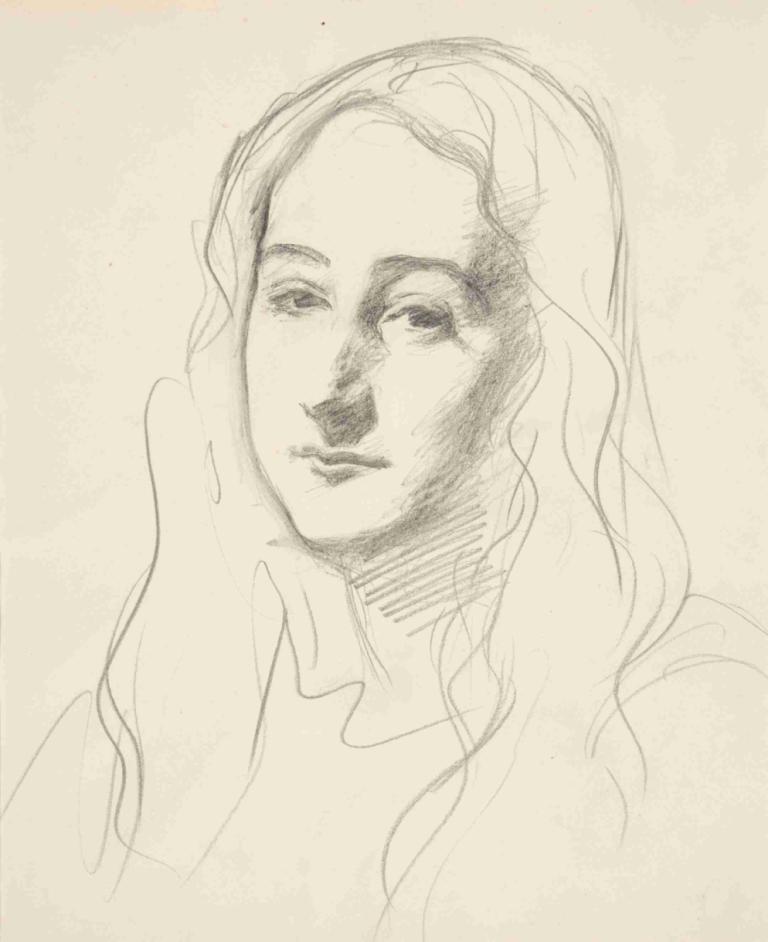 Head of a Young Woman,年轻女子的头像,John Singer Sargent,约翰-辛格-萨金特,素描,素描, 独奏, 长发, 单色, 传统媒体, 草图, 1个女孩, 看着观众, 男性焦点