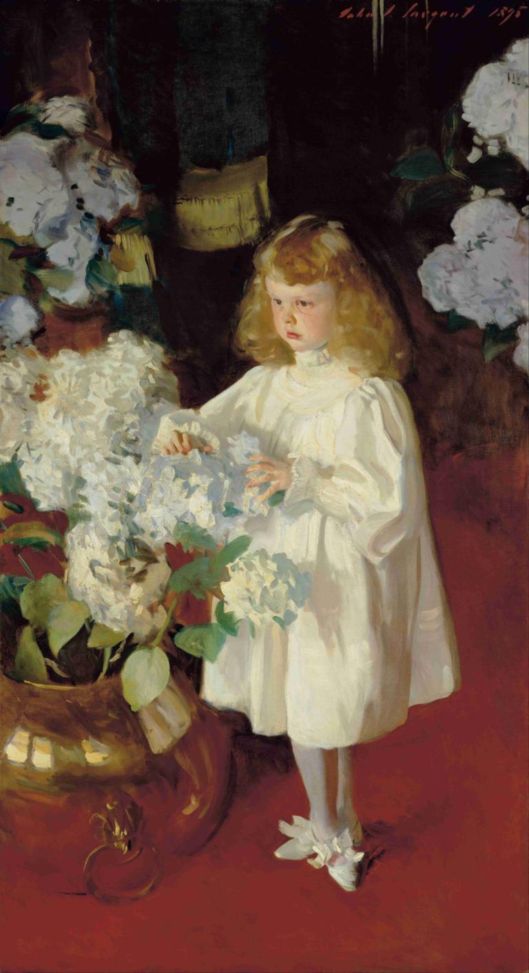 Helen Sears,John Singer Sargent,Ölgemälde,Ölgemälde, Blume, Kleid, 1Mädchen, weißes Kleid, blondes Haar